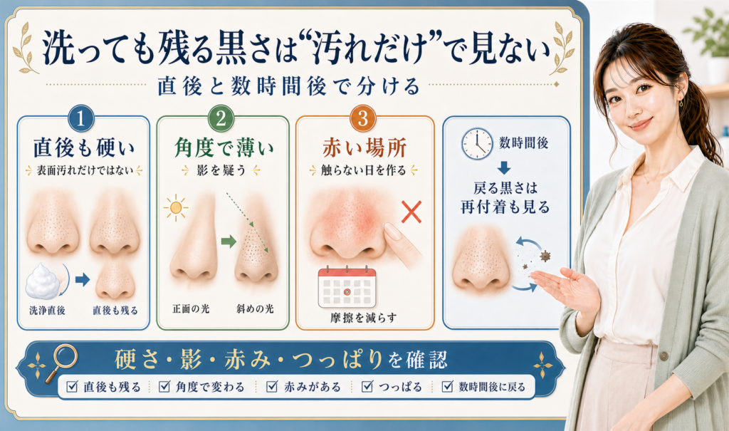 洗っても残る黒さは汚れだけで見ない。直後も硬い、角度で薄い、赤い場所を分けて確認する図解。
