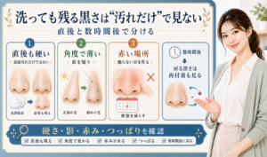 洗っても残る黒さは汚れだけで見ない。直後も硬い、角度で薄い、赤い場所を分けて確認する図解。