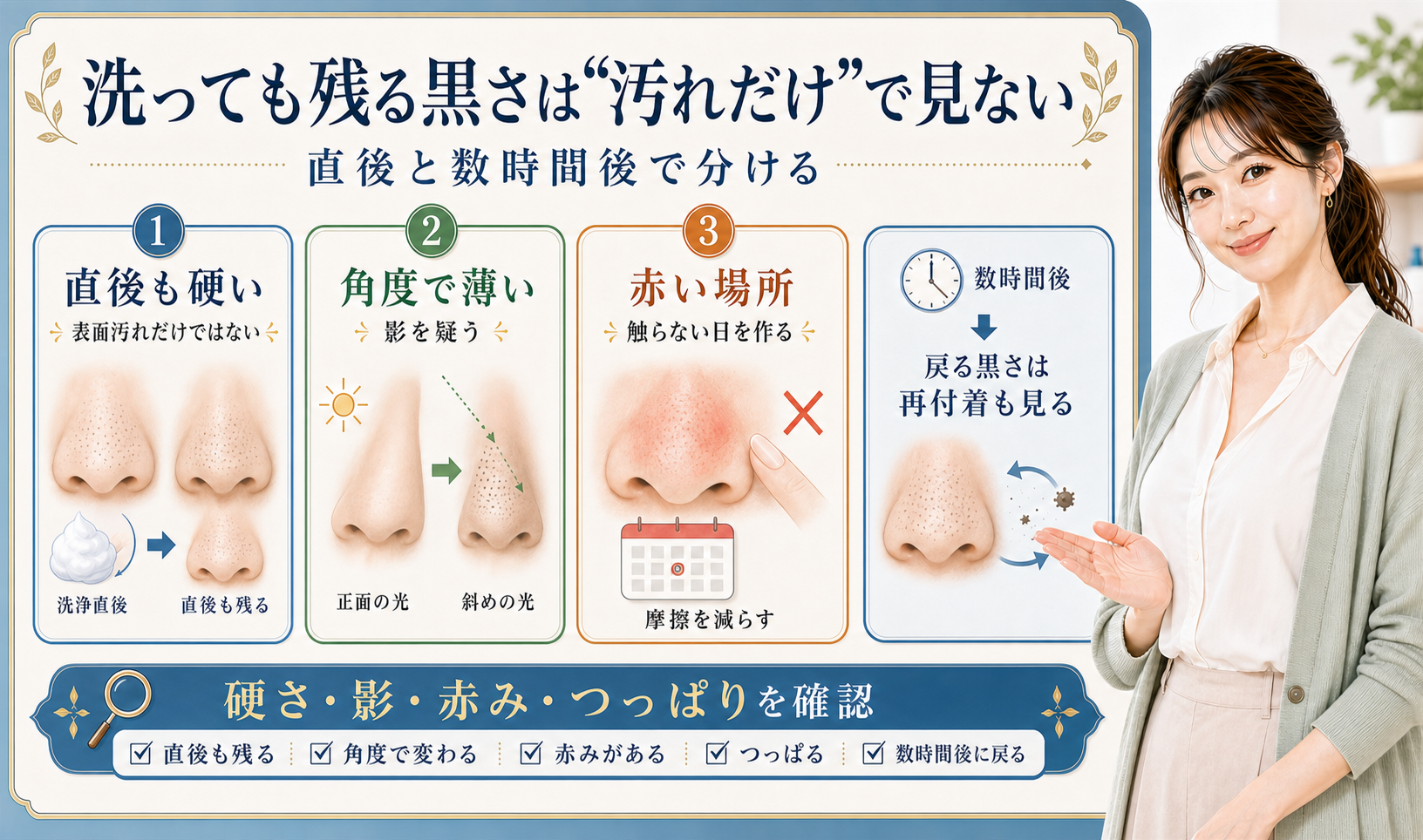 洗っても残る黒さは汚れだけで見ない。直後も硬い、角度で薄い、赤い場所を分けて確認する図解。