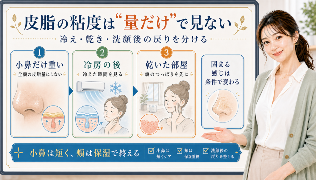 皮脂の粘度は量だけで見ない。小鼻だけ重い、冷房の後、乾いた部屋を分けて確認する図解。