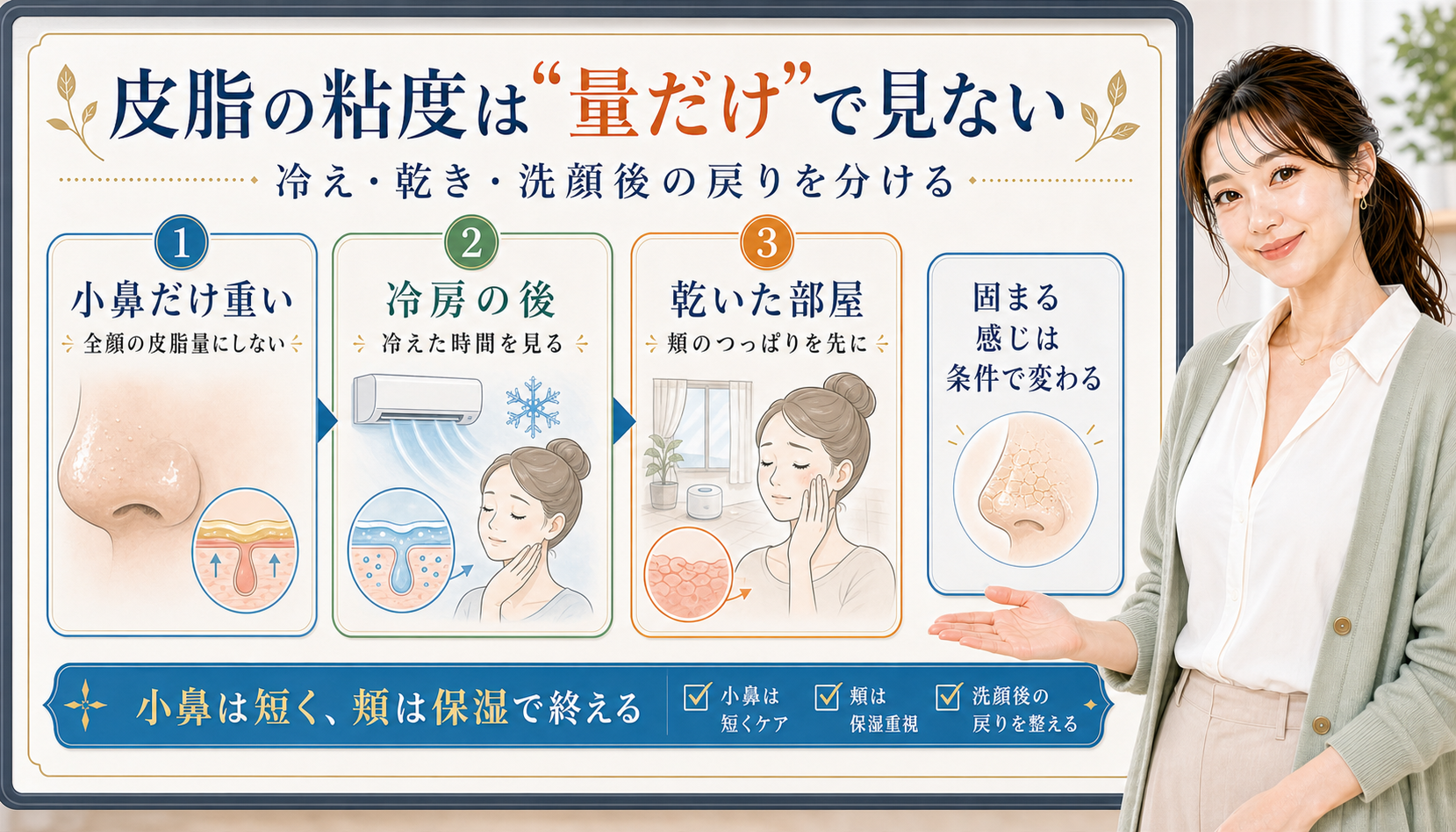 皮脂の粘度は量だけで見ない。小鼻だけ重い、冷房の後、乾いた部屋を分けて確認する図解。