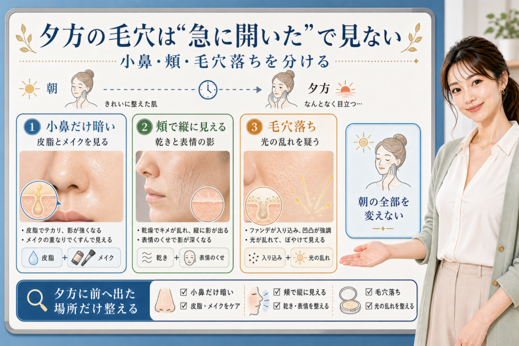 夕方の毛穴は急に開いたで見ない。小鼻だけ暗い、頬で縦に見える、毛穴落ちを分けて確認する図解。