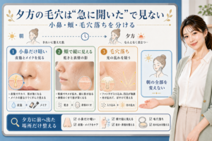 夕方の毛穴は急に開いたで見ない。小鼻だけ暗い、頬で縦に見える、毛穴落ちを分けて確認する図解。