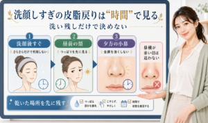 洗顔しすぎの皮脂戻りは時間で見る。洗顔後すぐ、昼前の頬、夕方の小鼻を分けて確認する図解。