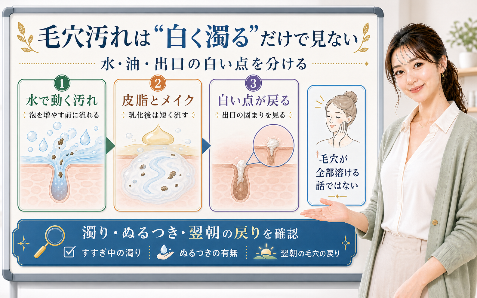 毛穴汚れは白く濁るだけで見ない。水で動く汚れ、皮脂とメイク、白い点が戻る状態を分けて確認する図解。