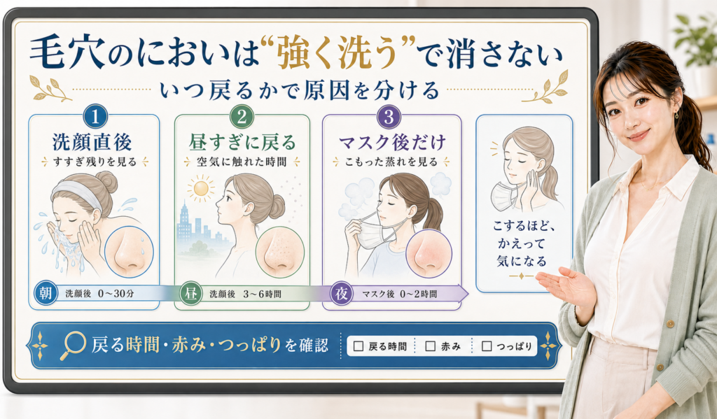 毛穴のにおいは強く洗うで消さない。洗顔直後、昼すぎに戻る、マスク後だけを分けて確認する図解。