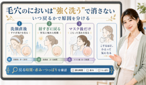 毛穴のにおいは強く洗うで消さない。洗顔直後、昼すぎに戻る、マスク後だけを分けて確認する図解。