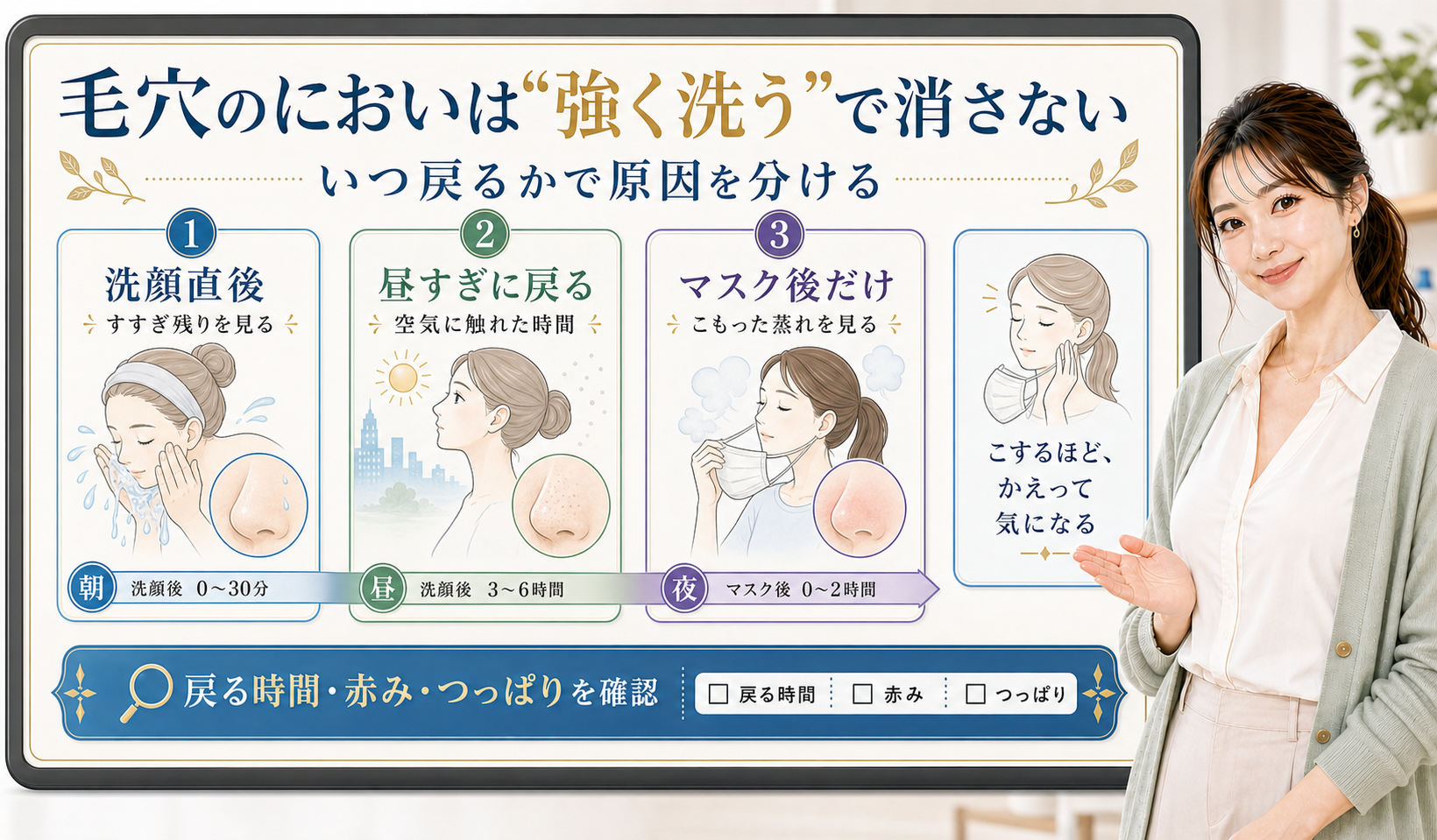 毛穴のにおいは強く洗うで消さない。洗顔直後、昼すぎに戻る、マスク後だけを分けて確認する図解。