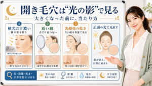 開き毛穴は光の影で見る。横光だけ濃い、近い鏡、洗顔後の乾きを分けて確認する図解。