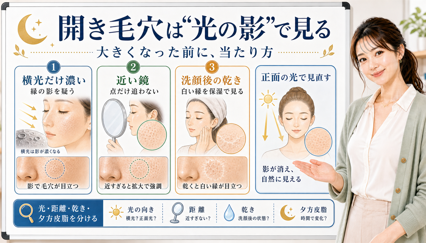 開き毛穴は光の影で見る。横光だけ濃い、近い鏡、洗顔後の乾きを分けて確認する図解。