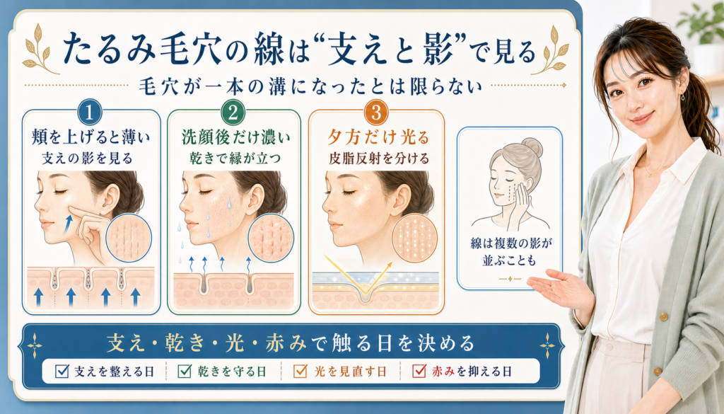 たるみ毛穴の線は支えと影で見る。頬を上げると薄い、洗顔後だけ濃い、夕方だけ光る状態を分けて確認する図解。