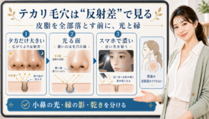 テカリ毛穴は反射差で見る。夕方だけ大きい、光る面、スマホで濃い状態を分けて確認する図解。