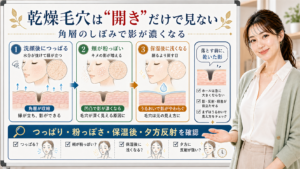乾燥毛穴は開きだけで見ない。洗顔後のつっぱり、頬の粉っぽさ、保湿後に浅くなる影を分けて確認する図解。