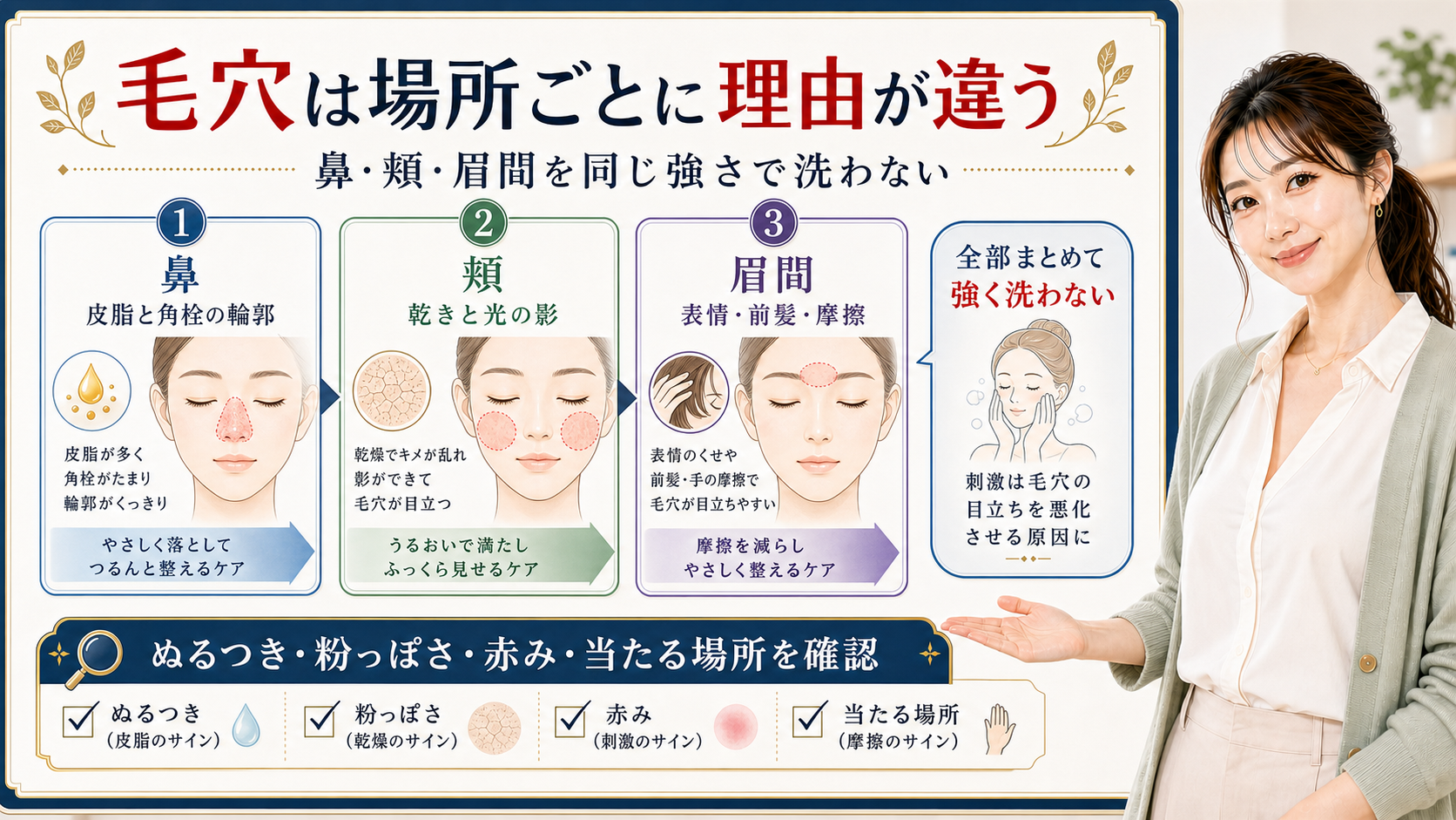 毛穴は場所ごとに理由が違う。鼻、頬、眉間を皮脂、乾き、摩擦で分けて確認する図解。