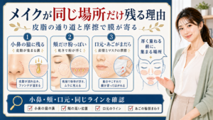 メイクが同じ場所だけ残る理由。小鼻、頬、口元を皮脂、乾き、摩擦で分けて確認する図解。