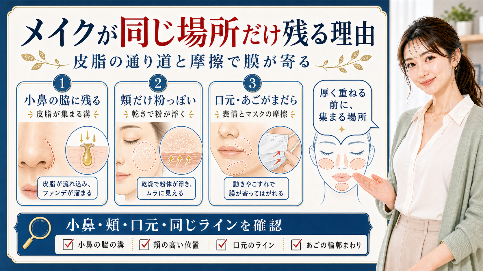 メイクが同じ場所だけ残る理由。小鼻、頬、口元を皮脂、乾き、摩擦で分けて確認する図解。