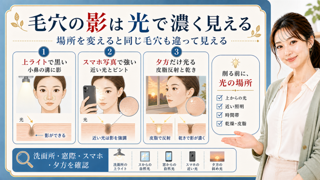 毛穴の影は光で濃く見える。上ライト、スマホ写真、夕方の皮脂反射で見え方が変わる図解。