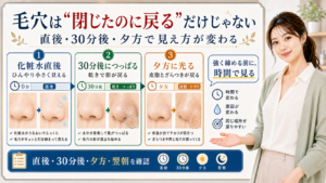 毛穴は閉じたのに戻るだけじゃない。化粧水直後、30分後、夕方で見え方が変わる図解。