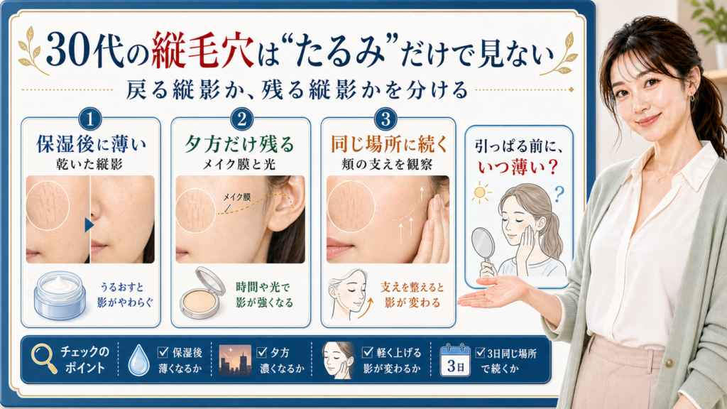 30代の縦毛穴はたるみだけで見ない。保湿後、夕方、同じ場所に続くかで分けて確認する図解。