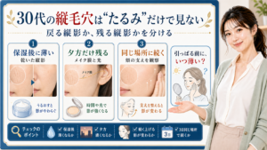 30代の縦毛穴はたるみだけで見ない。保湿後、夕方、同じ場所に続くかで分けて確認する図解。