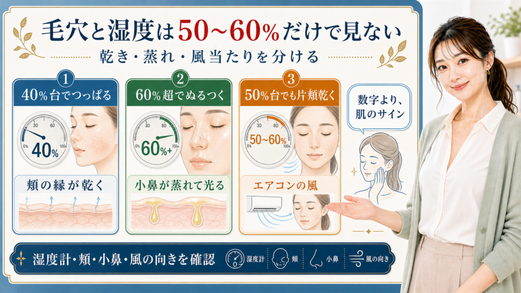 毛穴と湿度は50〜60%だけで見ない。40%台、60%超、風当たりで頬と小鼻を分けて確認する図解。