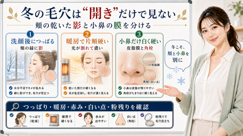 冬の毛穴は開きだけで見ない。頬の乾いた影、暖房、小鼻の皮脂膜と角栓を分けて確認する図解。