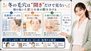 冬の毛穴は開きだけで見ない。頬の乾いた影、暖房、小鼻の皮脂膜と角栓を分けて確認する図解。