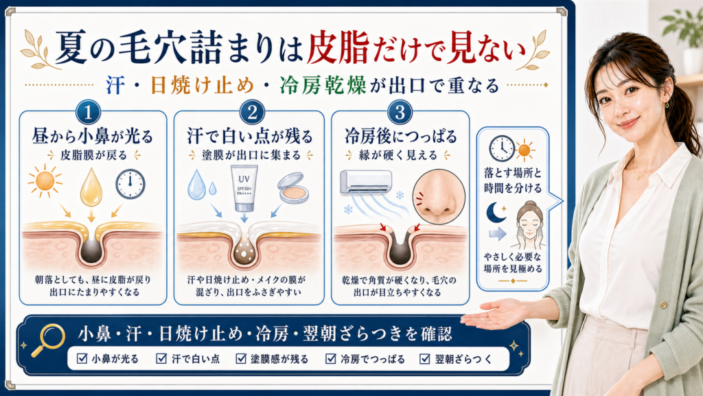 夏の毛穴詰まりは皮脂だけで見ない。汗、日焼け止め、冷房乾燥が毛穴出口で重なる図解。