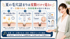 夏の毛穴詰まりは皮脂だけで見ない。汗、日焼け止め、冷房乾燥が毛穴出口で重なる図解。
