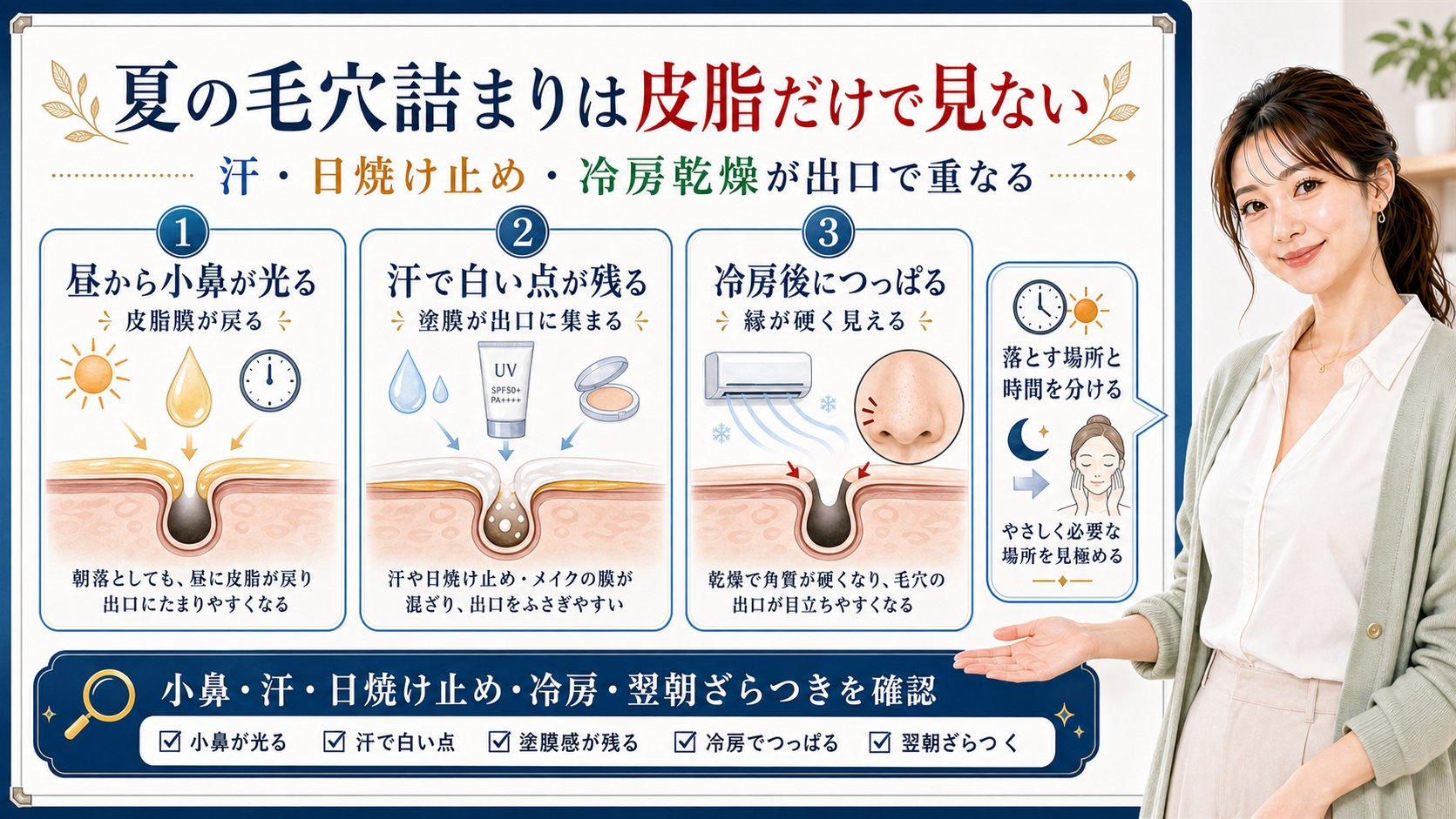 夏の毛穴詰まりは皮脂だけで見ない。汗、日焼け止め、冷房乾燥が毛穴出口で重なる図解。