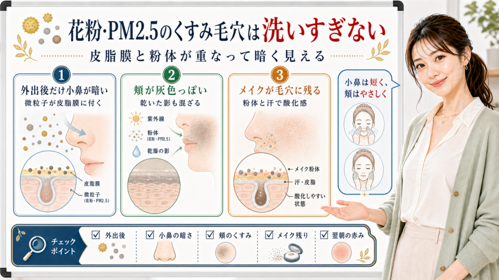 花粉・PM2.5のくすみ毛穴は洗いすぎない。小鼻の皮脂膜、頬の乾いた影、メイク残りを分けて確認する図解。