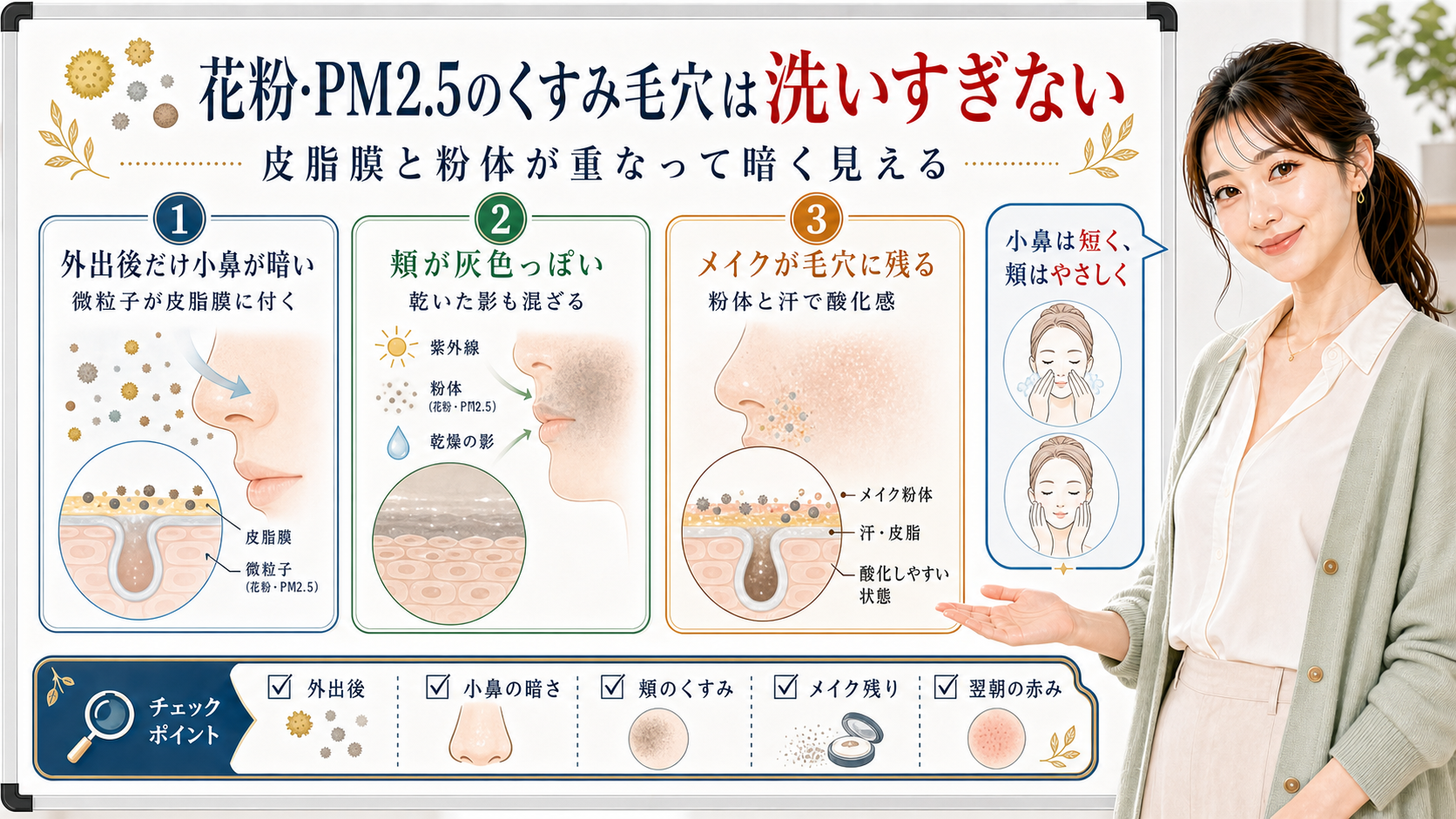 花粉・PM2.5のくすみ毛穴は洗いすぎない。小鼻の皮脂膜、頬の乾いた影、メイク残りを分けて確認する図解。