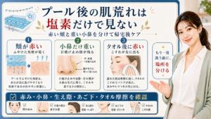 プール後の肌荒れは塩素だけで見ない。赤い頬、重い小鼻、タオル摩擦を分けて確認する図解。