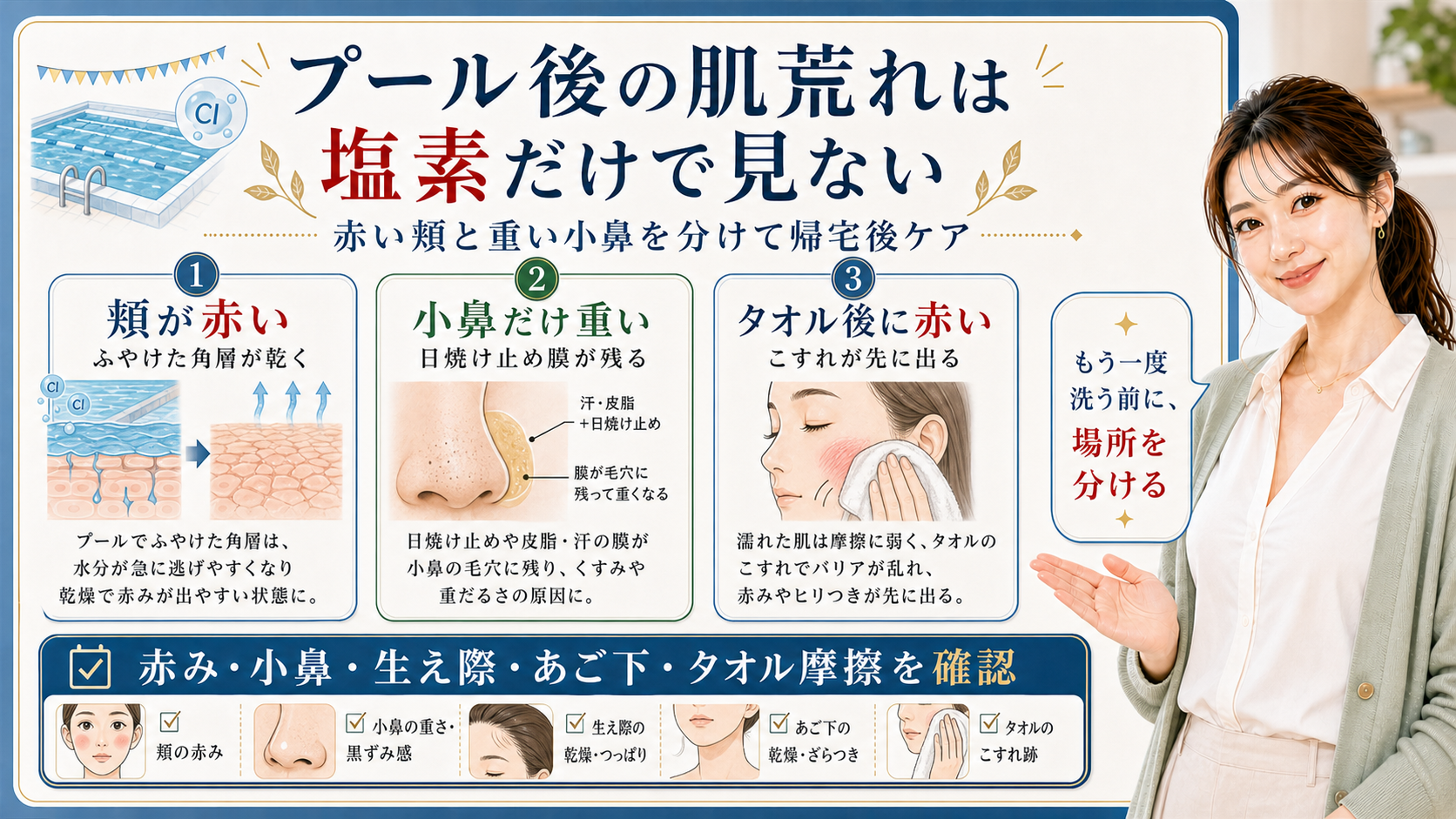 プール後の肌荒れは塩素だけで見ない。赤い頬、重い小鼻、タオル摩擦を分けて確認する図解。