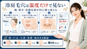 冷房毛穴は温度だけで見ない。風、頬の乾き、口元の粉っぽさ、小鼻の皮脂反射を分けて確認する図解。