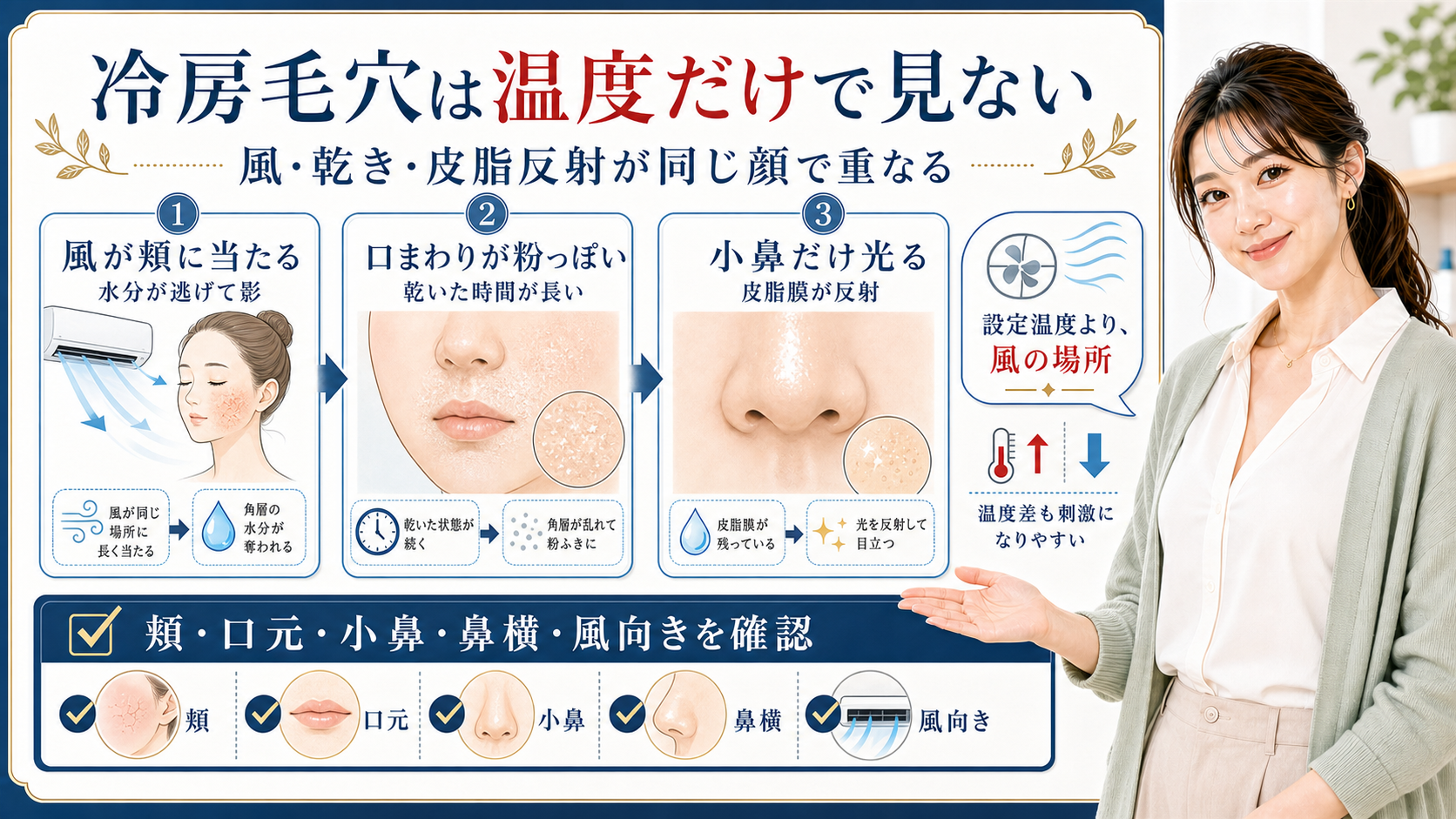 冷房毛穴は温度だけで見ない。風、頬の乾き、口元の粉っぽさ、小鼻の皮脂反射を分けて確認する図解。