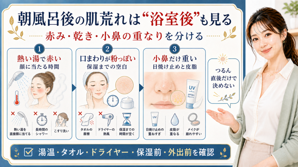 朝風呂後の肌荒れは浴室後も見る。熱い湯、口まわりの乾き、小鼻の日焼け止めと皮脂を分けて確認する図解。
