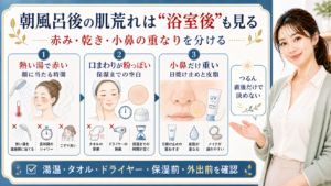 朝風呂後の肌荒れは浴室後も見る。熱い湯、口まわりの乾き、小鼻の日焼け止めと皮脂を分けて確認する図解。