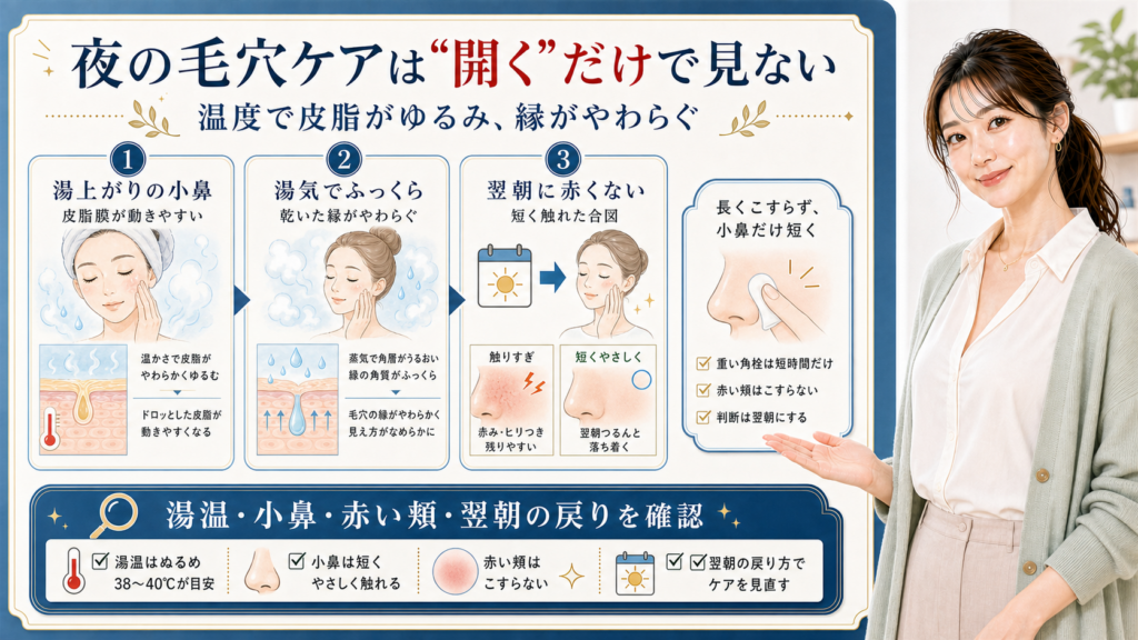 夜の毛穴ケアは開くだけで見ない。湯上がりの小鼻、湯気、翌朝の赤みで確認する図解。