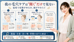 夜の毛穴ケアは開くだけで見ない。湯上がりの小鼻、湯気、翌朝の赤みで確認する図解。