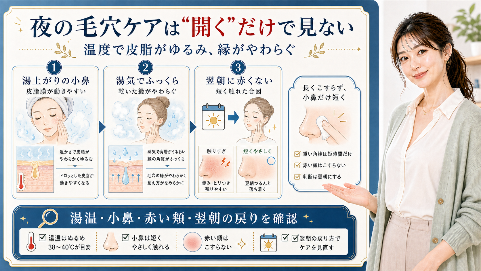 夜の毛穴ケアは開くだけで見ない。湯上がりの小鼻、湯気、翌朝の赤みで確認する図解。