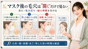 マスク後の毛穴は開くだけで見ない。小鼻の蒸れ、外した後の乾き、鼻横とあごの摩擦を分けて確認する図解。