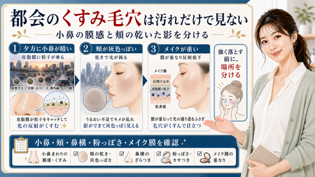 都会のくすみ毛穴は汚れだけで見ない。小鼻の膜感、頬の乾いた影、メイク膜を分けて確認する図解。