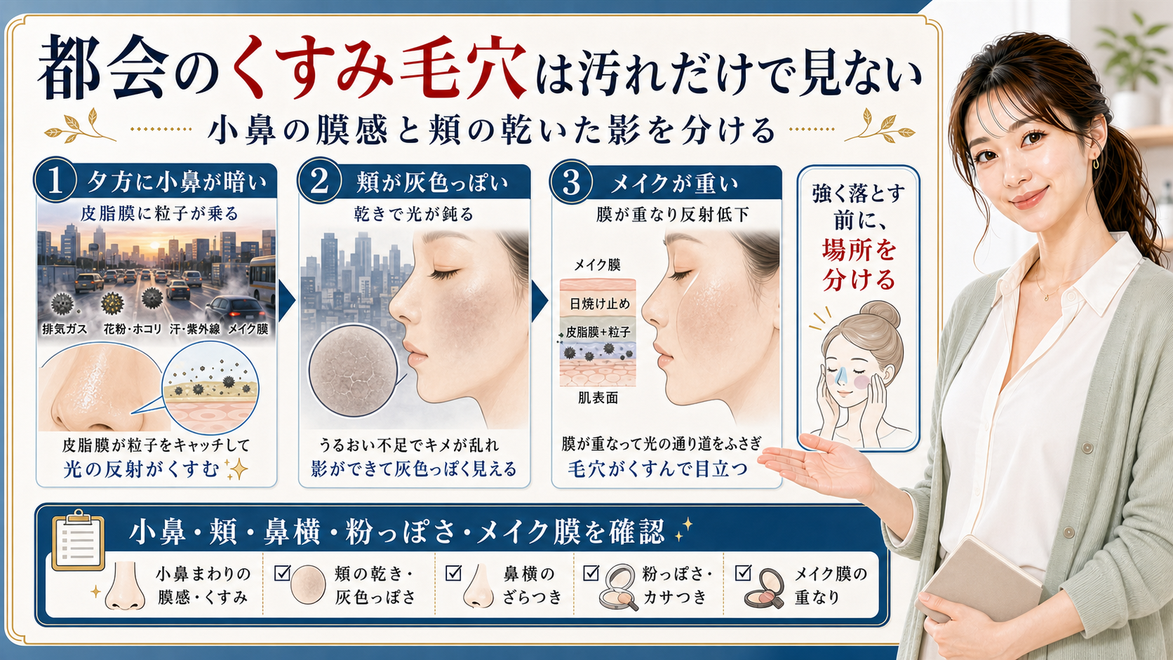 都会のくすみ毛穴は汚れだけで見ない。小鼻の膜感、頬の乾いた影、メイク膜を分けて確認する図解。
