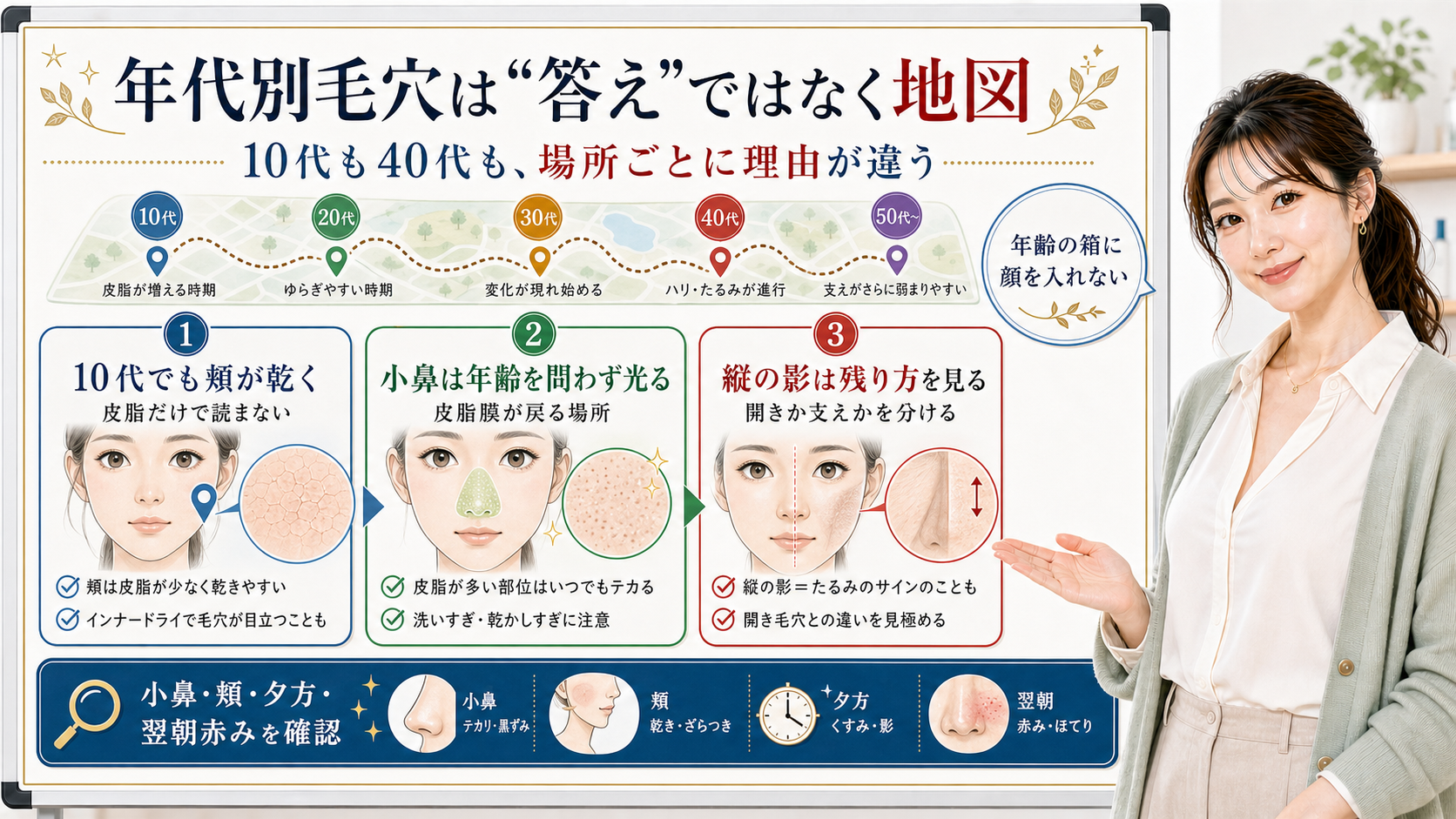 年代別毛穴は答えではなく地図。10代の頬、小鼻の皮脂、縦の影、翌朝赤みを分けて確認する図解。