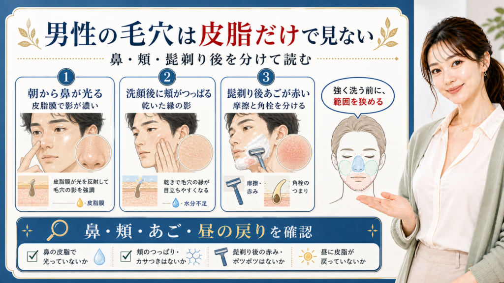 男性の毛穴は皮脂だけで見ない。鼻、頬、髭剃り後のあご、昼の戻りを分けて確認する図解。