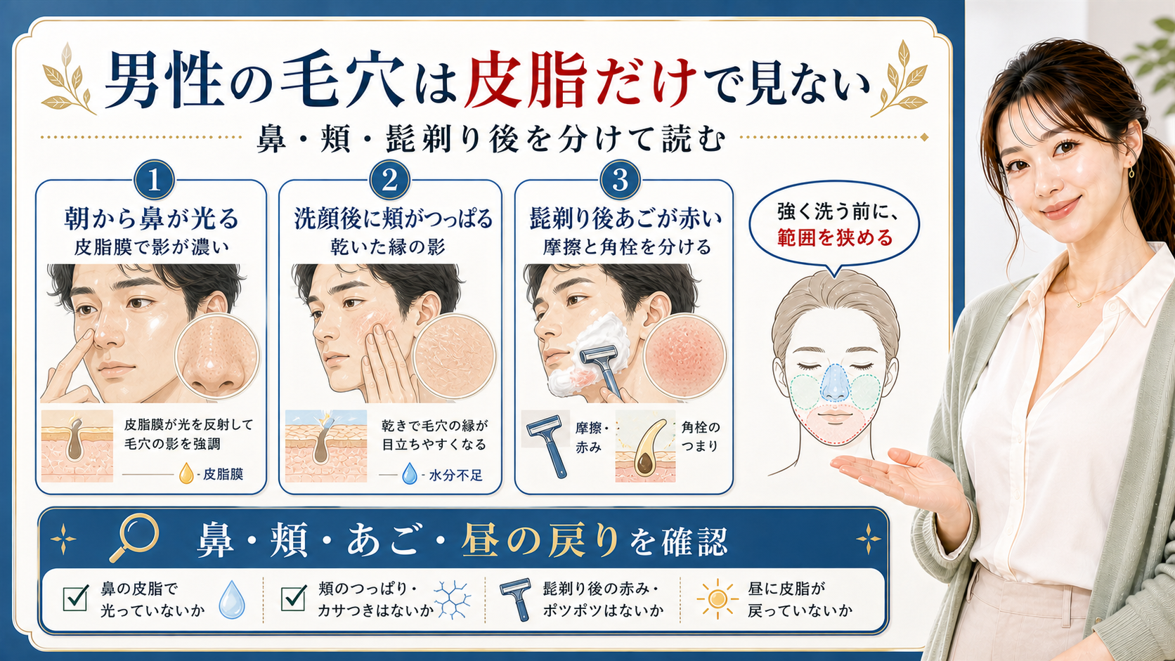 男性の毛穴は皮脂だけで見ない。鼻、頬、髭剃り後のあご、昼の戻りを分けて確認する図解。