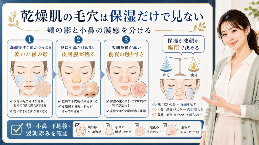 乾燥肌の毛穴は保湿だけで見ない。頬の乾いた影、小鼻の膜感、下地後、翌朝赤みを分けて確認する図解。