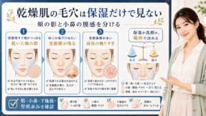 乾燥肌の毛穴は保湿だけで見ない。頬の乾いた影、小鼻の膜感、下地後、翌朝赤みを分けて確認する図解。