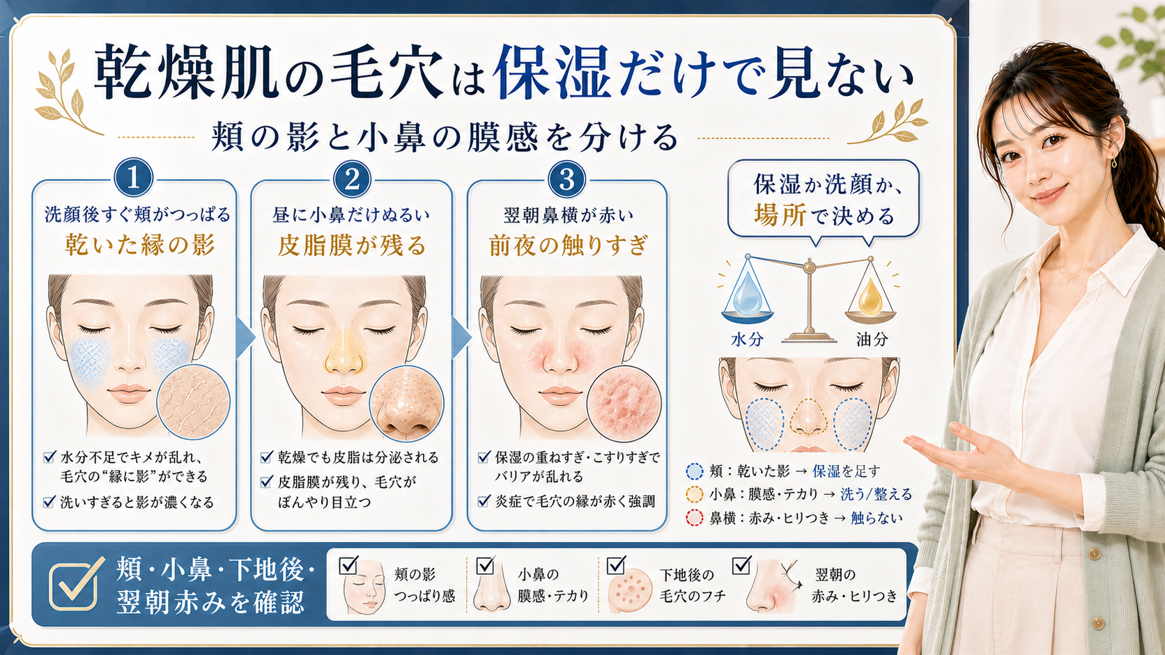 乾燥肌の毛穴は保湿だけで見ない。頬の乾いた影、小鼻の膜感、下地後、翌朝赤みを分けて確認する図解。